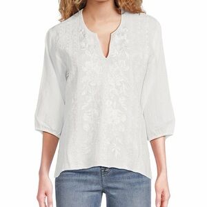 Johnny Was Camille Embriordered Linen V-Neck 3/4 Puff Sleeve Blouse Size Medium
